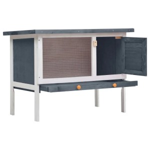Grauer vidaXL Kaninchenstall aus Holz mit Gitterfenster und offener Tür.