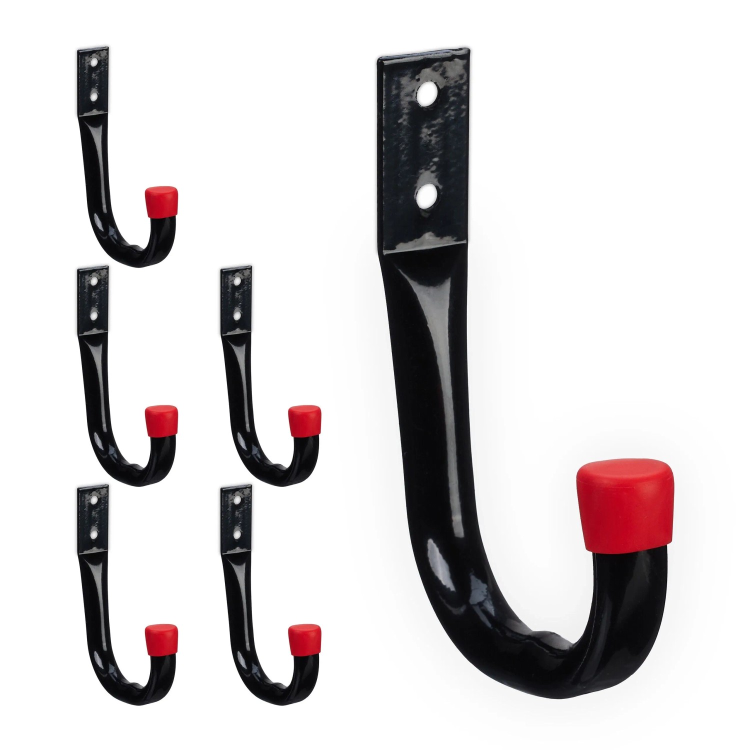 Relaxdays Wandhaken 6er Set Stahl Kunststoff Schwarz Rot Gummiert 12 cm x 2 cm x 8,5 cm 45 g
