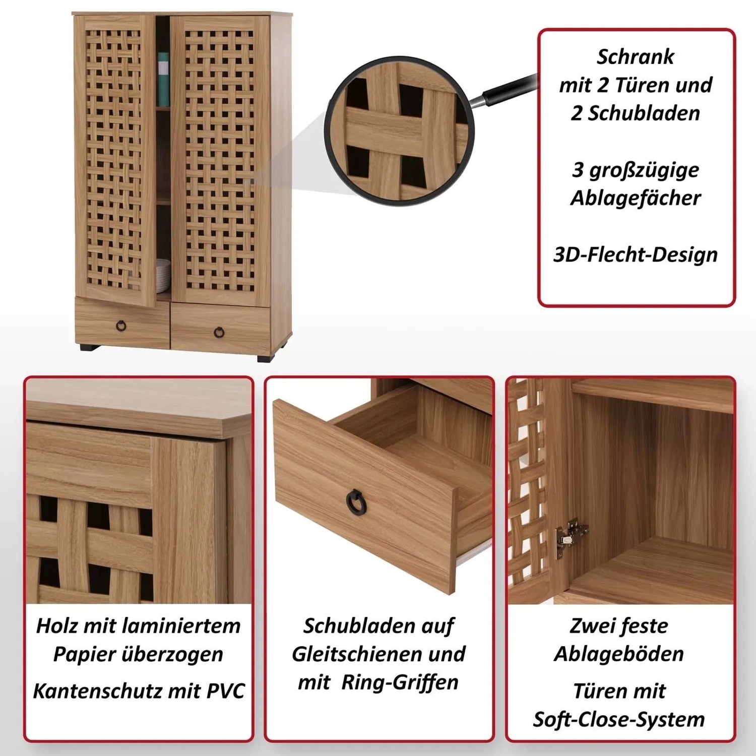 MCW Schrank N87 3D-Flecht-Design Soft-Close 138x80x36cm Braun_2