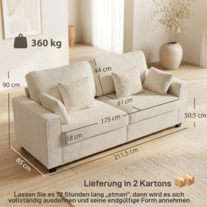 HOMCOM 3-Sitzer-Sofa in Beige, weicher Strukturstoff, mit Kissen. Maße: 211,5x85x90 cm. Ideal für Wohnzimmer.