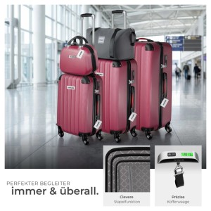 Tectake Cleo Hartschalenkoffer Set: 3 rosa Trolleys, Beautycase, Reisetasche im Flughafen. Stapelbar, mit Kofferwaage.