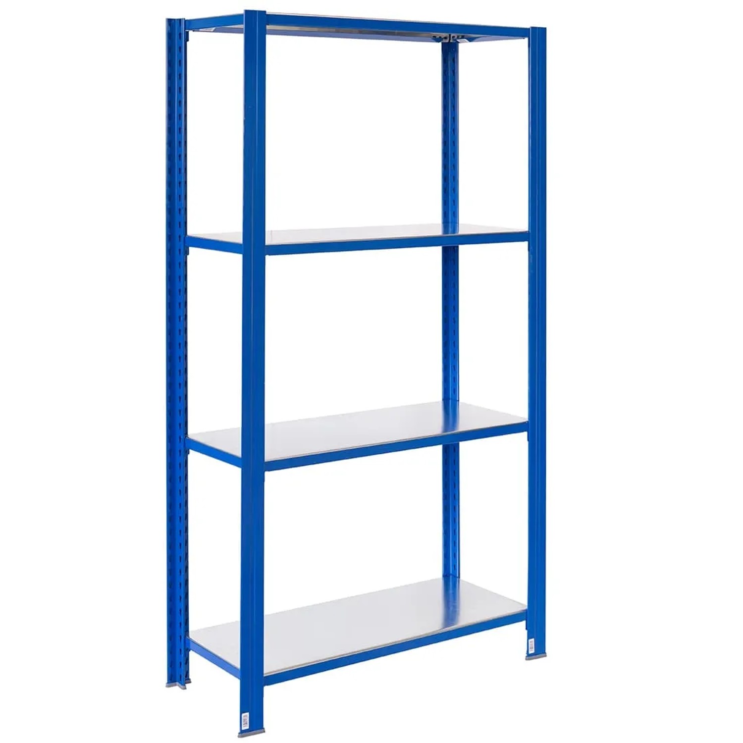 Blaues Ar Shelving T Profile Steckregal mit 4 verzinkten Böden, 200x60x30 cm, bis 180 kg belastbar.