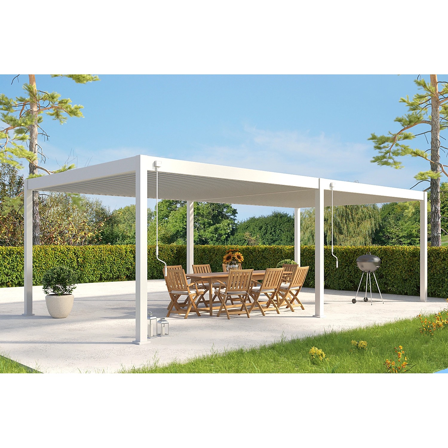 Weißer Weide Deluxe Plus Aluminium Pavillon 4x8m mit verstellbarem Lamellendach und Esstisch.
