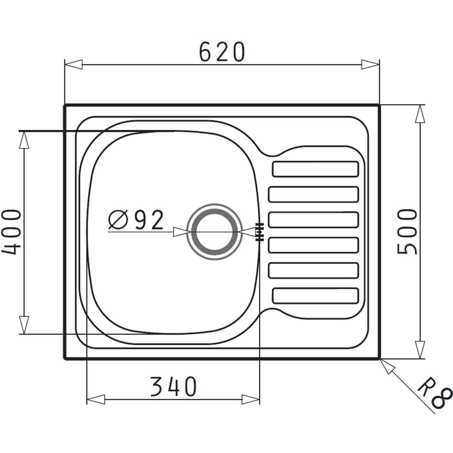 Technische Zeichnung: Pyramis Einbauspüle Derby, 62x50cm, Edelstahl, mit Maßangaben.