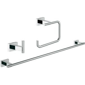 Grohe Bad-Set 3 in 1 Essentials Cube: Chrom Badaccessoires, bestehend aus Haken, Papierhalter und Handtuchstange.