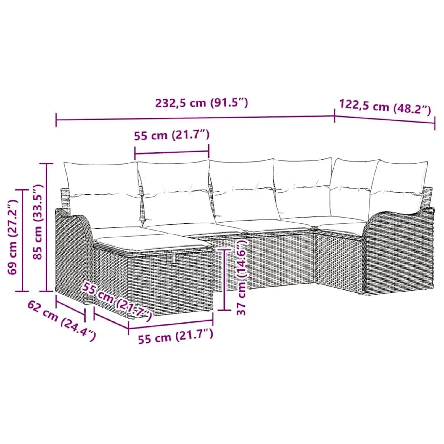vidaXL Gartenmöbel-Set, 6-teilig, grau, Poly Rattan, mit Maßangaben.
