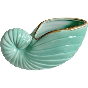 Grüner Übertopf in Muschelform, 10x19x10 cm, für kleine Pflanzen im Innenbereich.