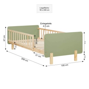 Grünes Kinderbett 90x200 cm mit Rausfallschutz und Lattenrost aus Kiefernholz.