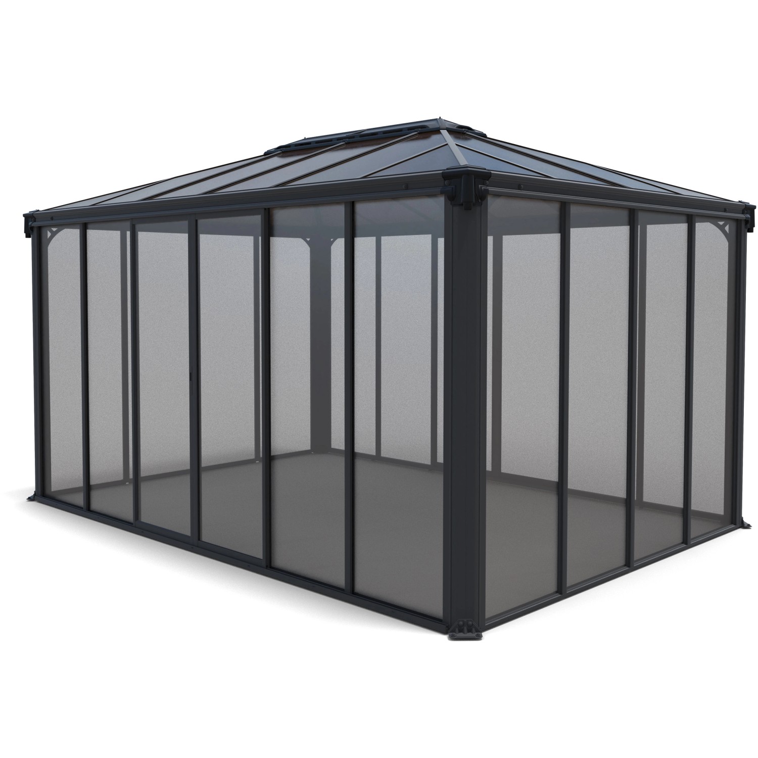 Canopia Ledro Pavillon 3x4.3 in Anthrazit-Grau, geschlossene Bauweise mit Doppeltüren.