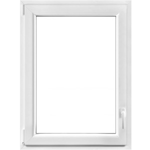 Weißes Kunststofffenster, 80x100 cm, 3-fach Verglasung, links angeschlagen.