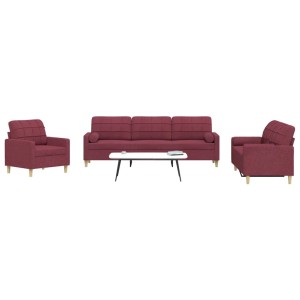 Weinrote 3-tlg. Sofagarnitur aus Stoff: Sessel, 2-Sitzer, 3-Sitzer mit Dekokissen. Ideal für Wohnzimmer.