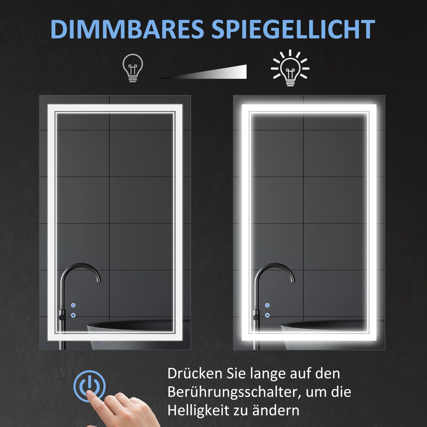 Kleankin Badspiegel mit LED-Beleuchtung, Helligkeit einstellbar per Touchschalter.