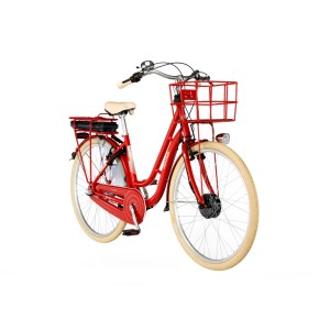Rotes Fischer Hollandrad E-Bike Cita Retro 2.0 mit Korb vorne.