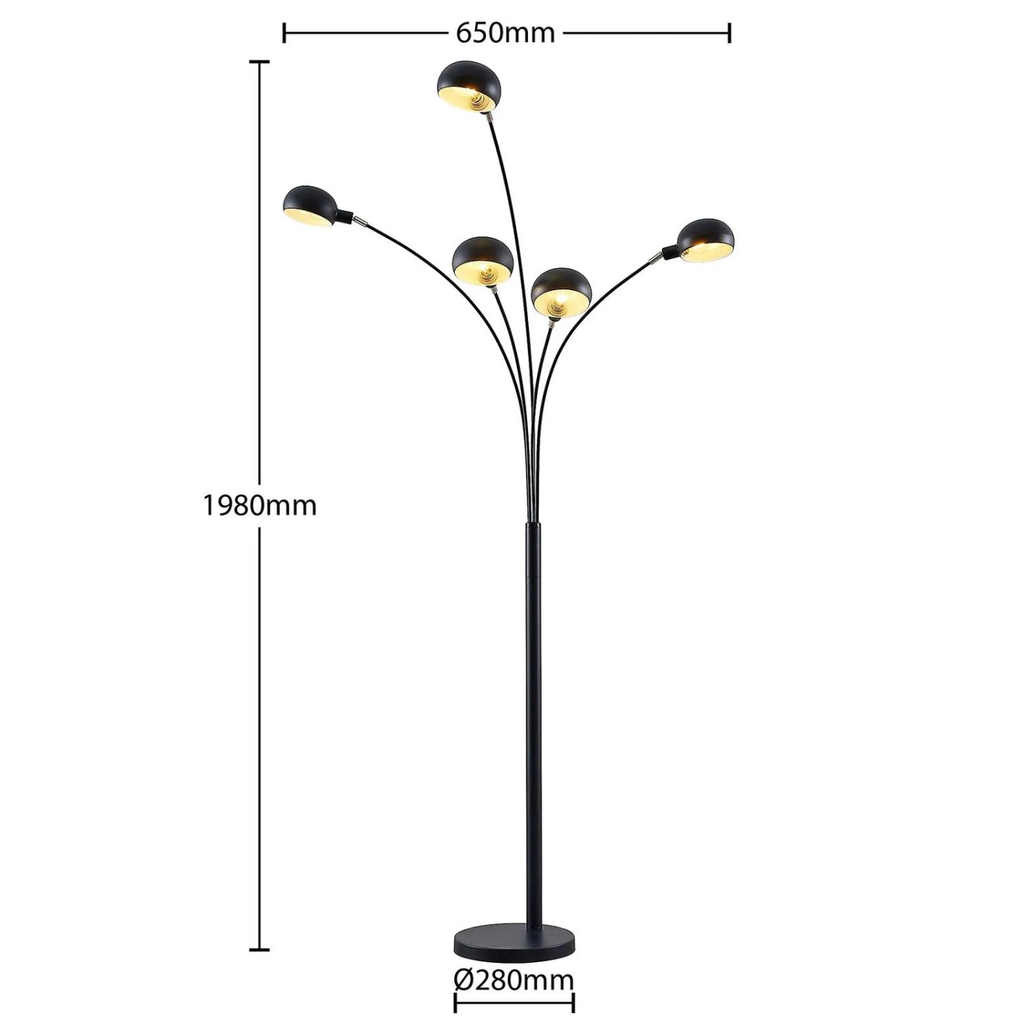 Moderne, schwarze Lindby Bogenleuchte Jewa mit 5 Leuchten für E14 Leuchtmittel. Design-Stehlampe aus Metall.