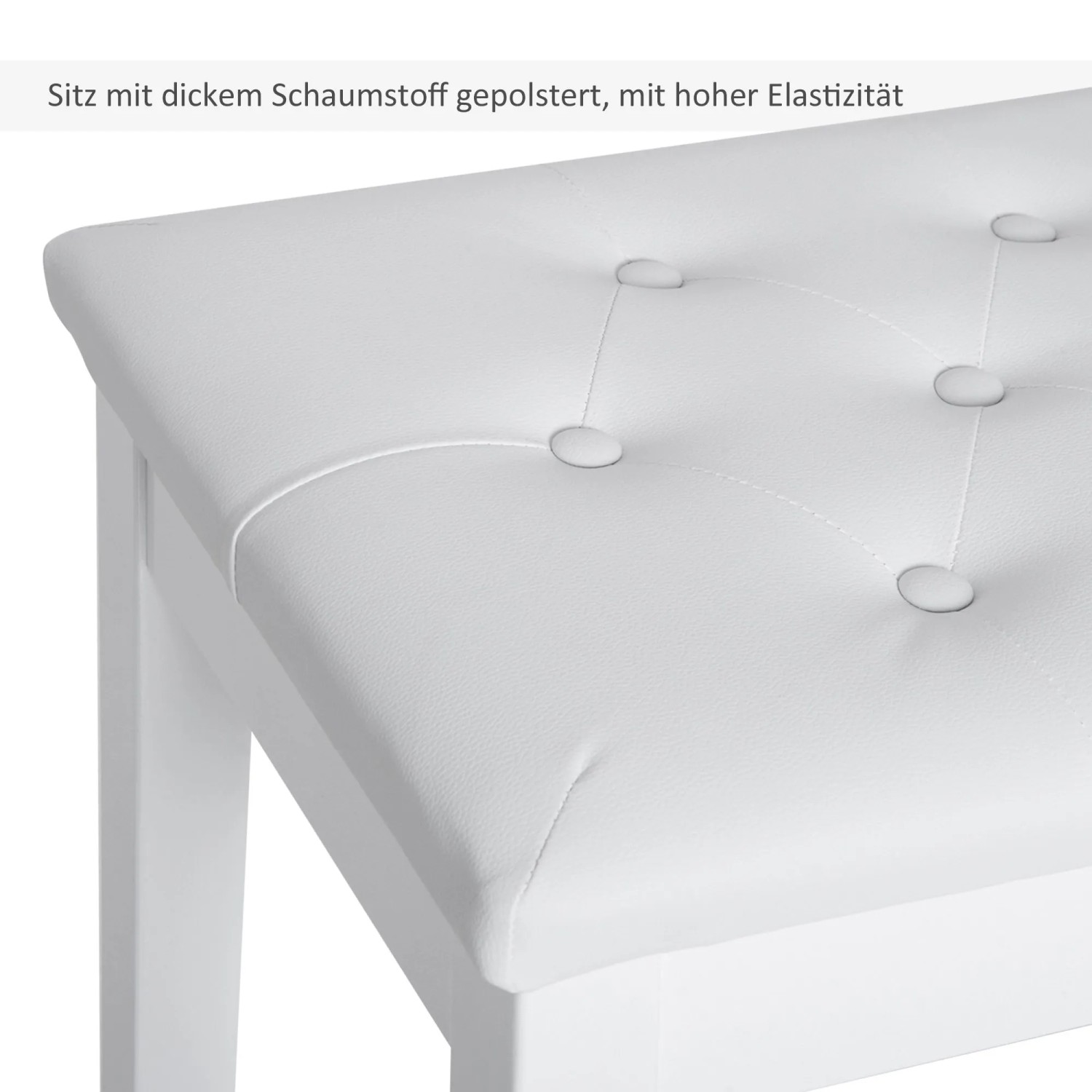 Weißer Klavierhocker-Sitz aus Kunstleder, dick gepolstert mit Knopfheftung. Komfortabler Hocker für Musiker.