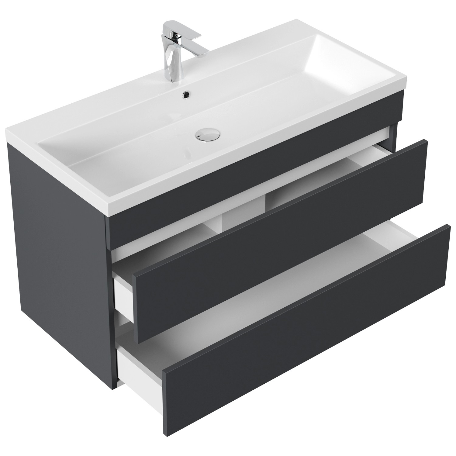 Posseik Badmöbel Fellini 100, grafitfarben, mit Waschbecken und zwei grifflosen Schubladen.