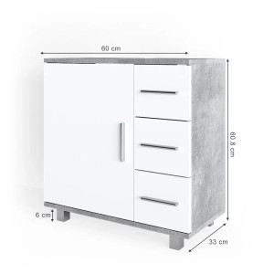 Vicco Waschbeckenunterschrank Ilias in Beton/Weiß mit Tür und drei Schubladen.