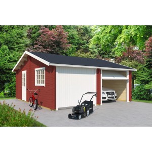 Lasita Maja Doppelgarage Falkland in Schwedenrot mit zwei Schwingtoren, Rasenmäher und Fahrrad vor der Garage.