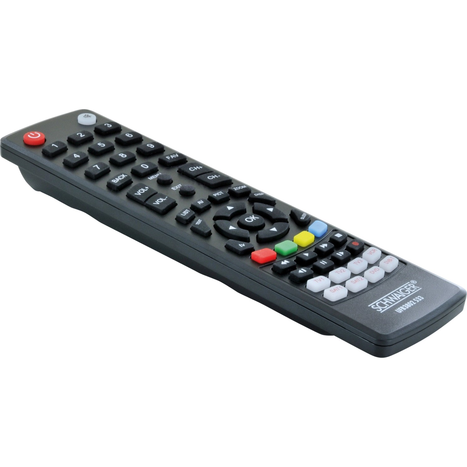 Schwaiger Universalfernbedienung 8 in 1 zur Steuerung von Audio-Geräten.