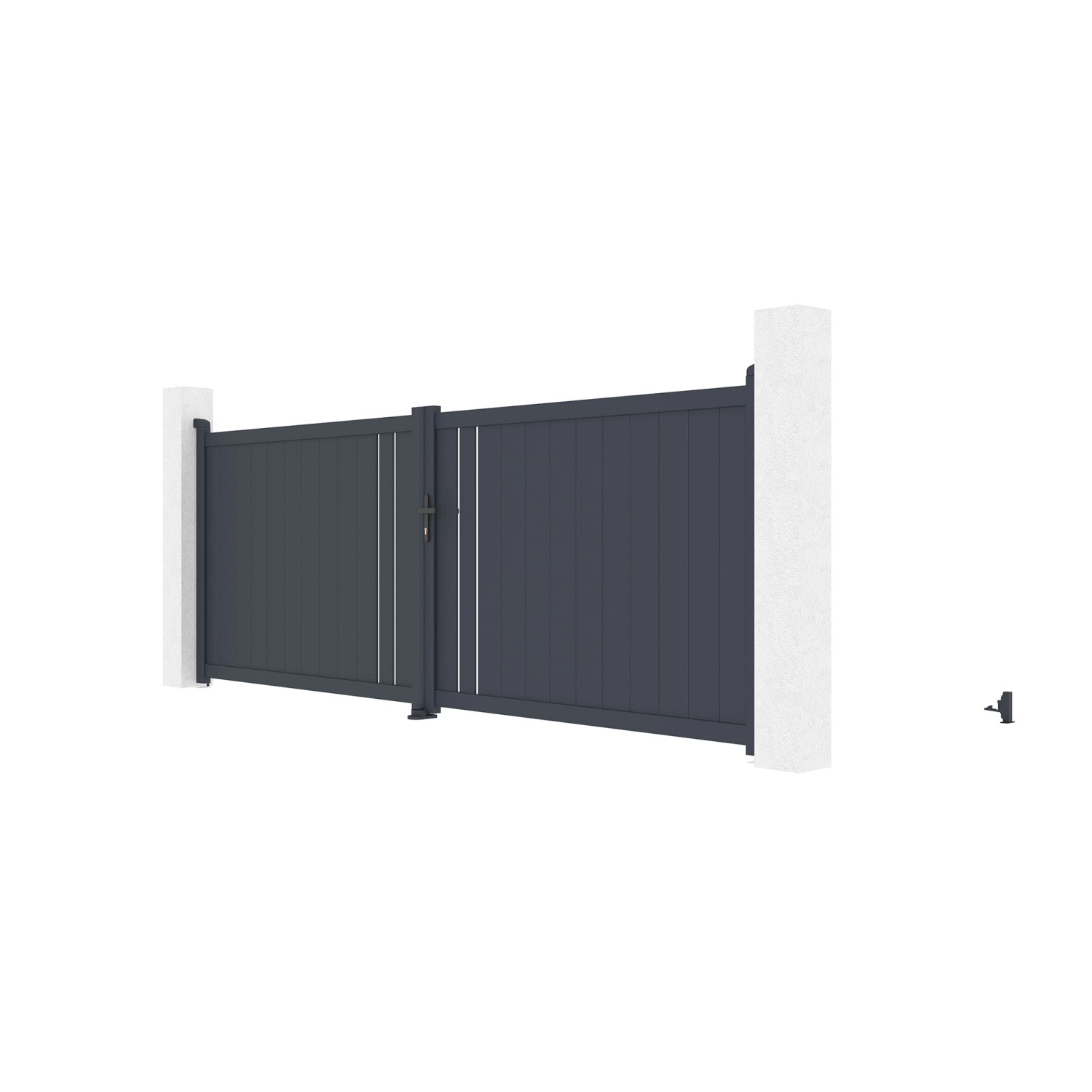 Graues Casanoov Flügeltor Giona (4 m) mit Pfosten (15x15 cm, H 166 cm) aus Aluminium.