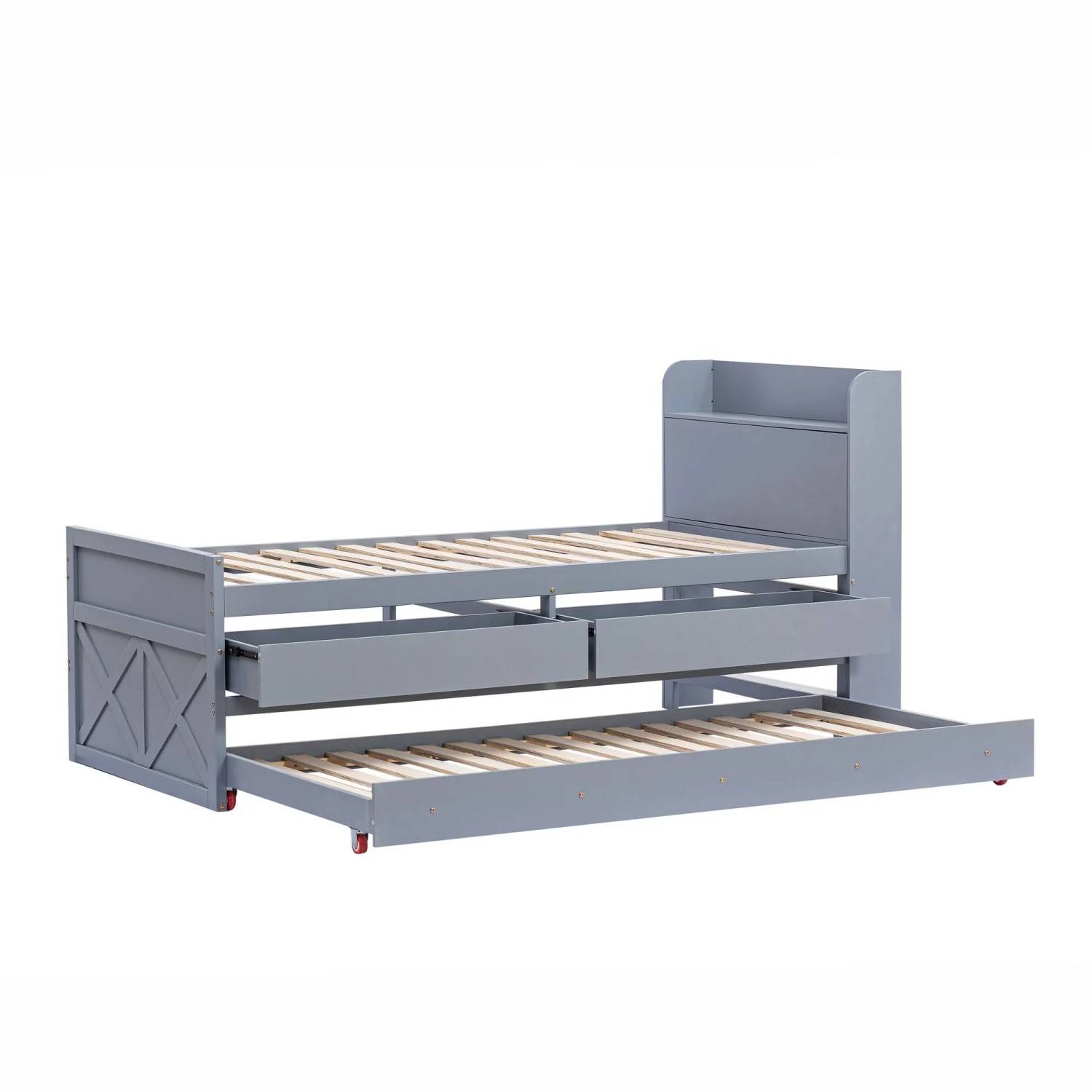 Merax Massivholzbett 90x190cm Kiefer USB Schublade Grau