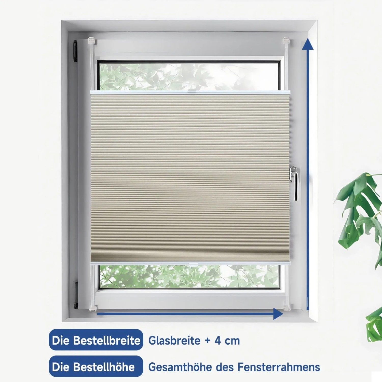 Beiges Sekey Wabenplissee, verdunkelnd, 40x130cm, am Fenster montiert. Fenstervorhang mit Wabenstruktur.