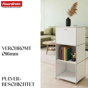 Weißes Floordirekt Metallregal Concept Epure MK-107 mit 4 Ebenen, davon 1 verschließbar, in modernem Wohnzimmer.