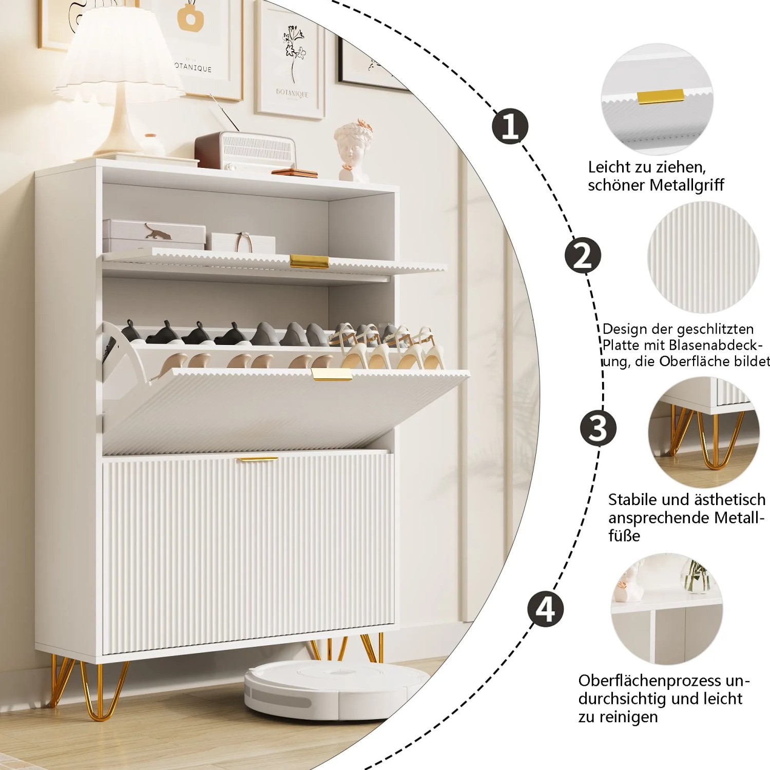 Weißer PXloue Schuhschrank mit zwei Klappen und goldenen Füßen für Flur und Diele.