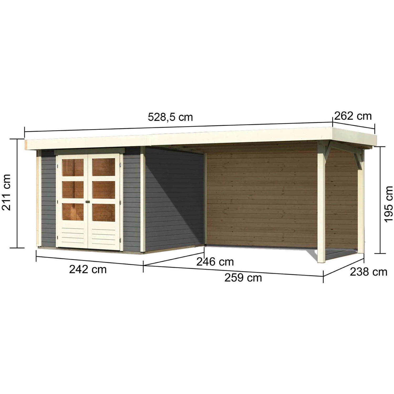 Karibu Holz-Gartenhaus Boras, terragrau, mit Flachdach und Anbau, Maße: 238x242 cm.