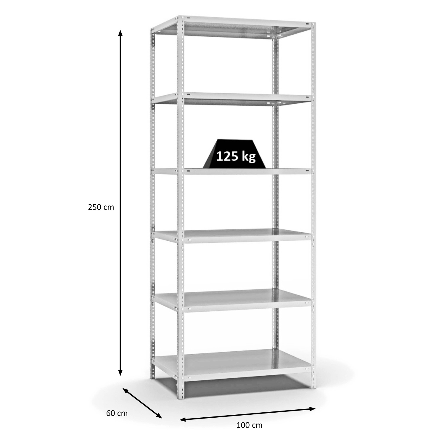 Lichtgraues PROREGAL Fachbodenregal mit 6 Ebenen, beidseitig nutzbar, 250x100x60 cm.