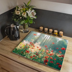 Zweiteilige Glas Herdabdeckplatte mit Waldmohn Motiv, auch als Schneidebrett nutzbar.