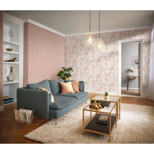 Wohnzimmer mit Rasch Vliestapete Tapetenwechsel II 507362 Vintage Terra mit Rautenmuster in Grau und Rosa.