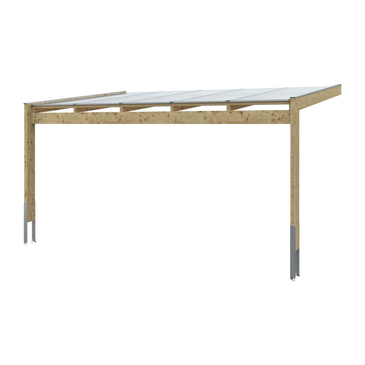 Unbehandelte Skan Holz Terrassenüberdachung Novara mit klarer Doppelstegplatte und Pfostenlaschen.