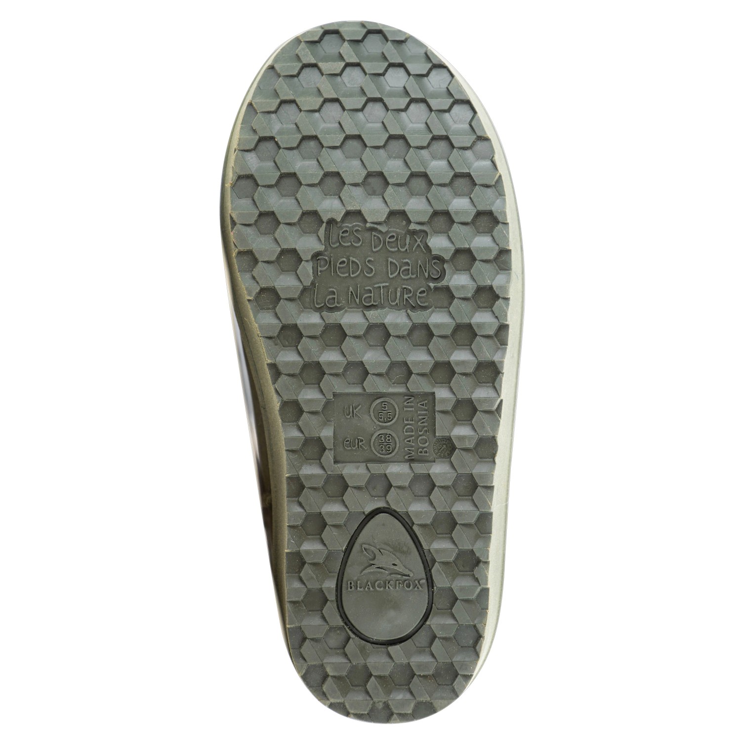 Sohle des Blackfox Stiefel Tybee Khaki Gr. 38/39 mit Profil und Logo.