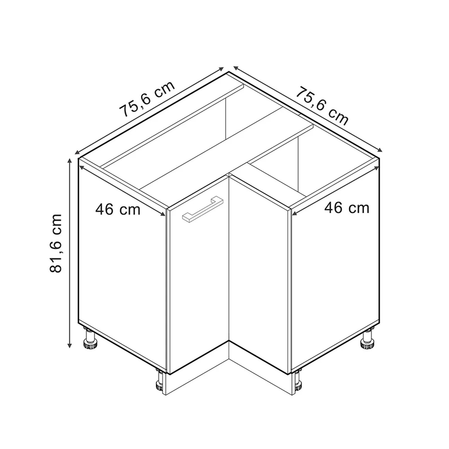 Skizze: Vicco Eckunterschrank R-Line, schwarz hochglanz/anthrazit, 76 cm, Küchenschrank mit Maßen.