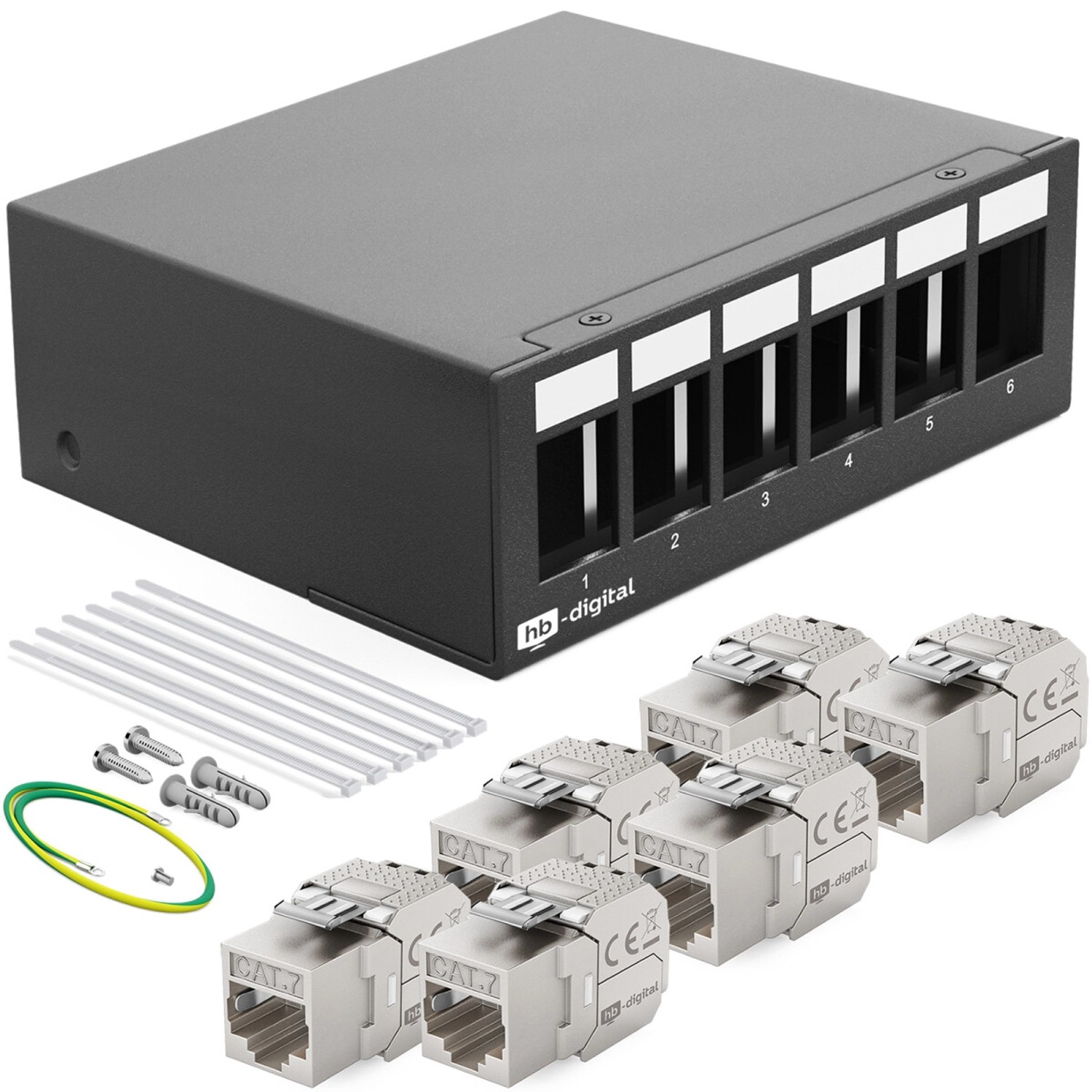 hb-digital Patch Panel 6 Port mit 6x Keystone Module Cat 7 Schwarz