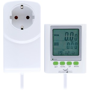 Schwaiger Energiekostenmessgerät mit Display zur Verbrauchsmessung und Kostenkontrolle.