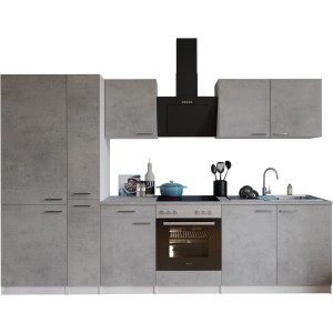 Respekta Küchenblock Malia 300 cm in Betonoptik mit E-Geräten wie Kühl-/Gefrierkombination.