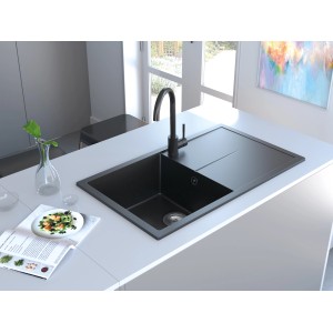 Miló Einbauspüle Adore 86 in Lava-Anthrazit, Granitspüle mit Armatur in moderner Küche.