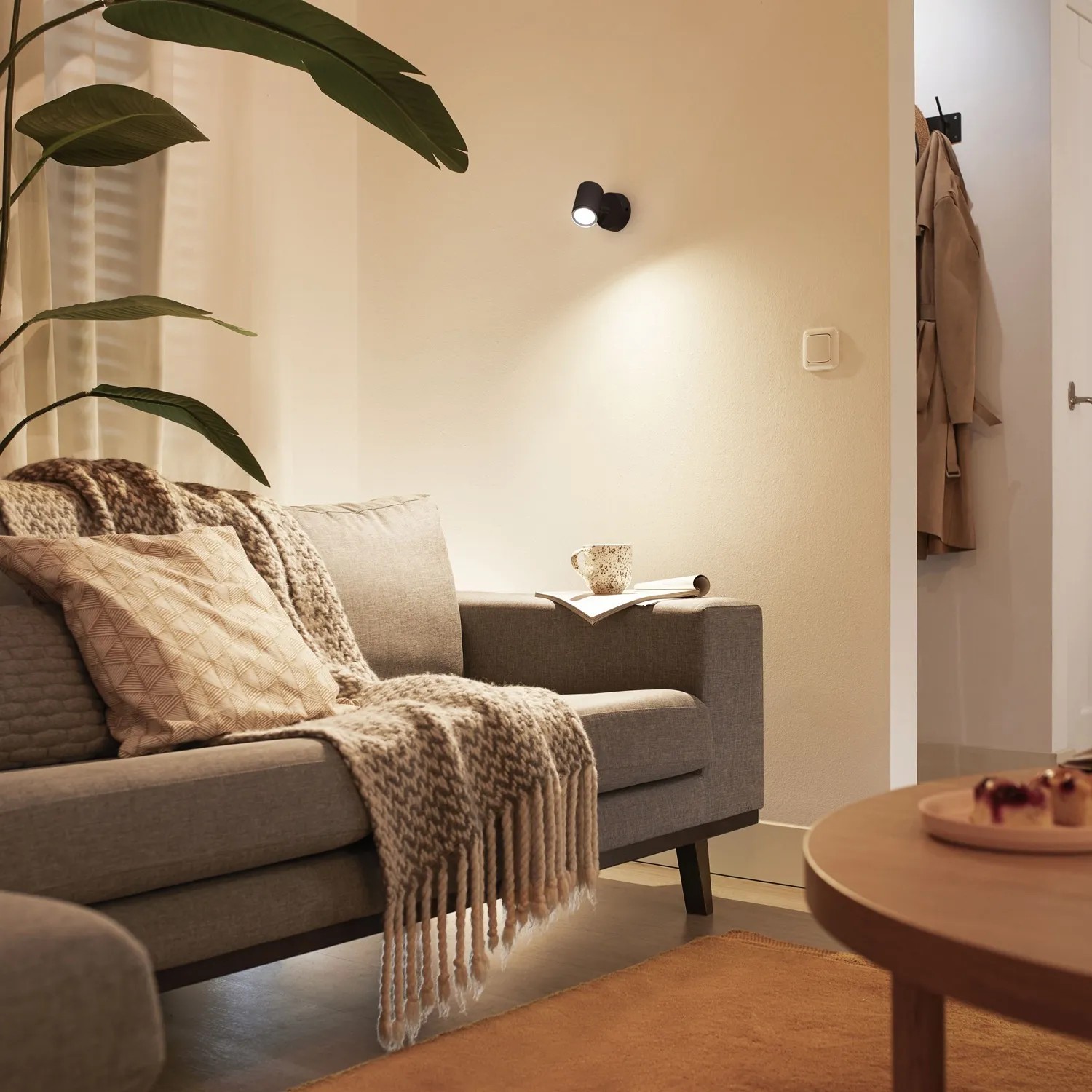 WIZ LED-Deckenleuchte Imageo, schwarzer 1er-Spot im Wohnraum mit Sofa und Pflanze.