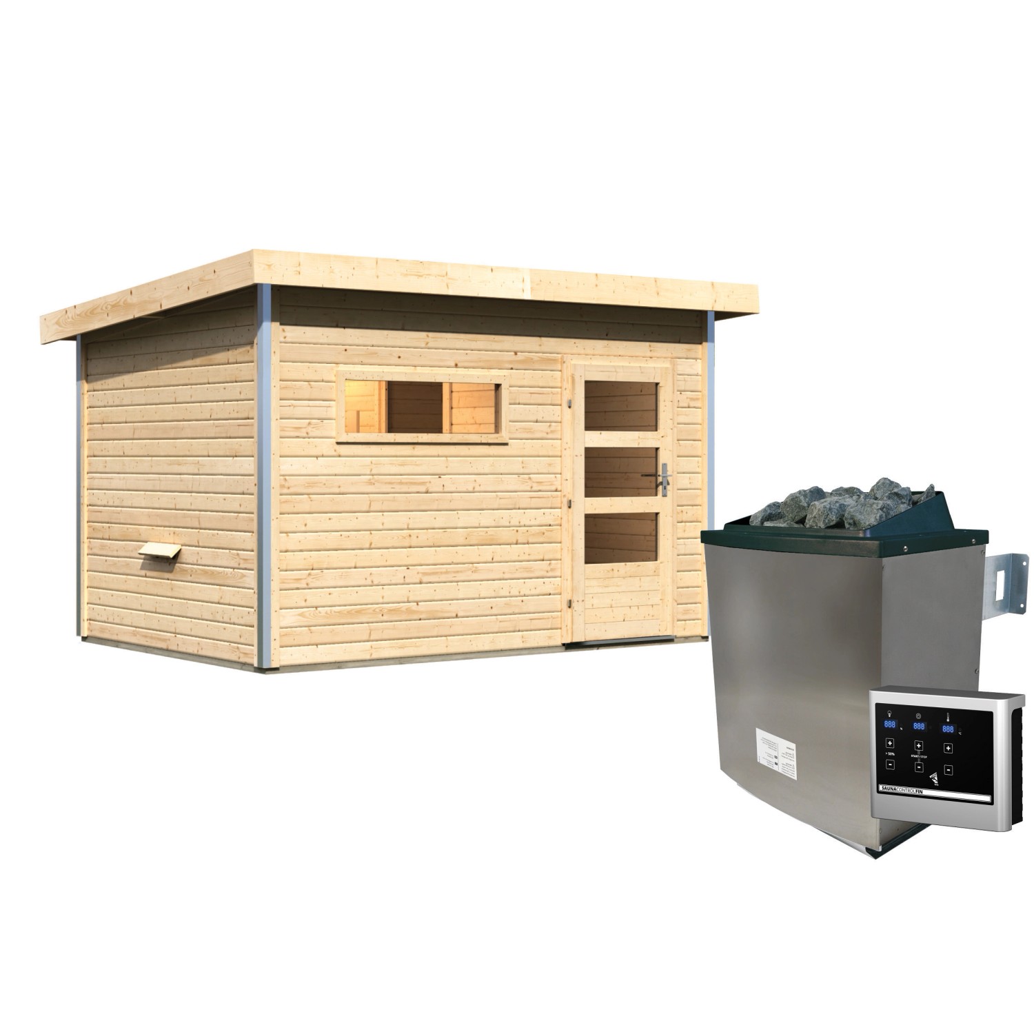 Karibu Saunahaus Hendrik 2 mit Ofen und externer Steuerung Easy, Frontansicht.