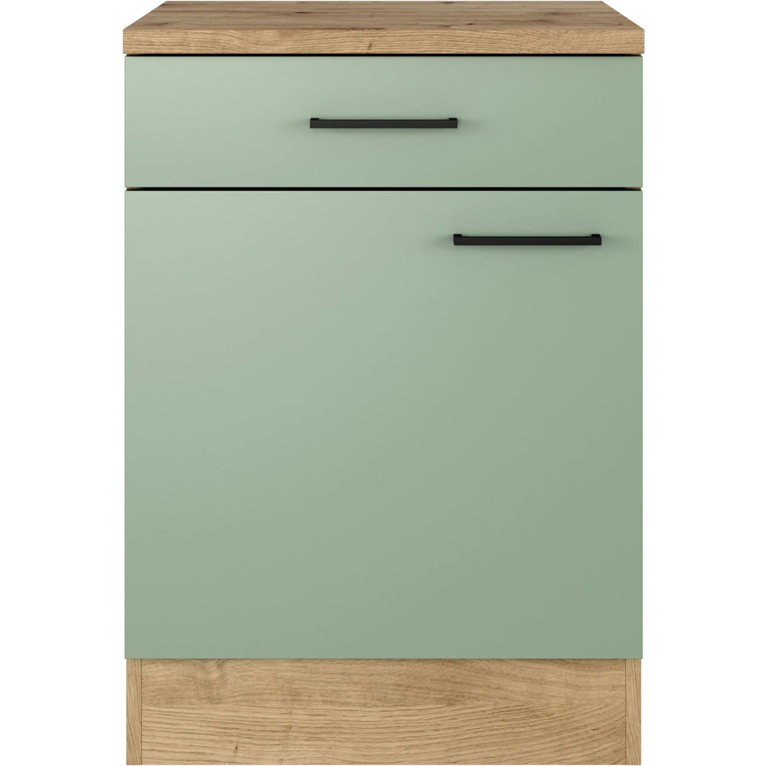 Flex-Well Unterschrank Cara, 60 cm, Schilfgrün/Artisan Eiche, mit Schublade und Tür.