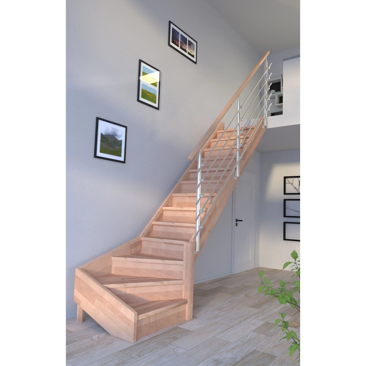 Mykonos Pro Buche Treppe, 1/4 gewendelt, mit Edelstahl Geländer und Setzstufen. FSC® zertifiziert.
