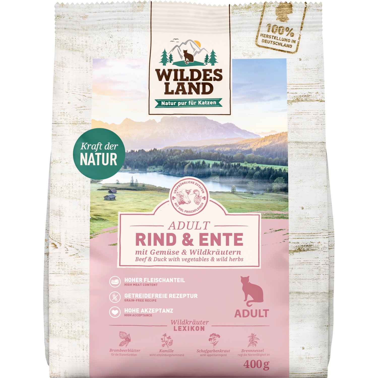 Wildes Land Katzen-Trockenfutter Rind und Ente 400 g