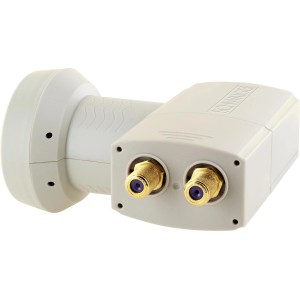 Schwaiger Sun Protect Twin LNB, hellgrau, mit zwei vergoldeten Anschlüssen für SAT Anlagen.