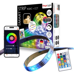 MegaLight Smart LED-Streifen RGBIC/CCT 3m mit Fernbedienung und Smartphone-Steuerung, farbig leuchtend.