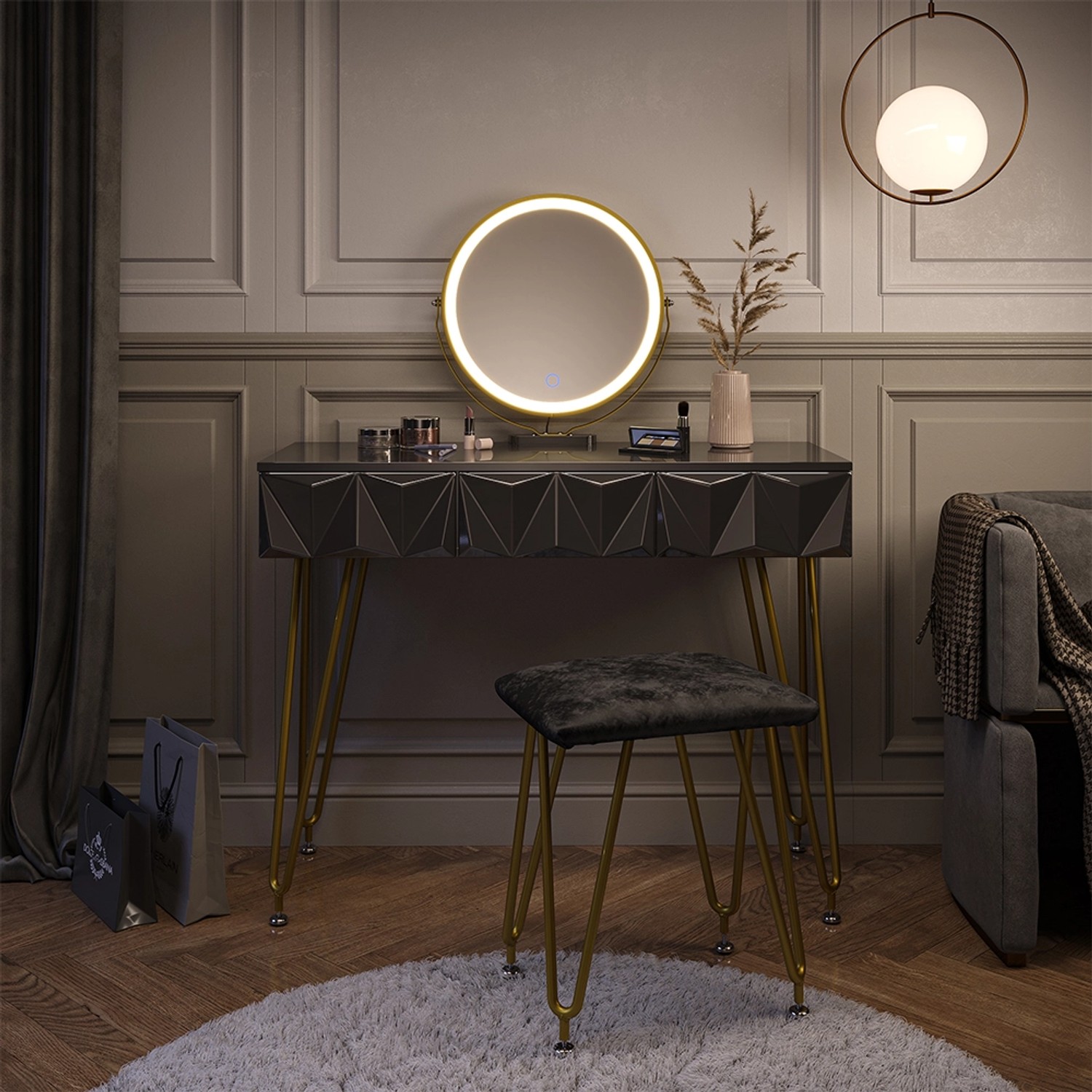 Vicco Schminktisch Ruby Schwarz 100 cm mit LED-Spiegel und Hocker günstig online kaufen