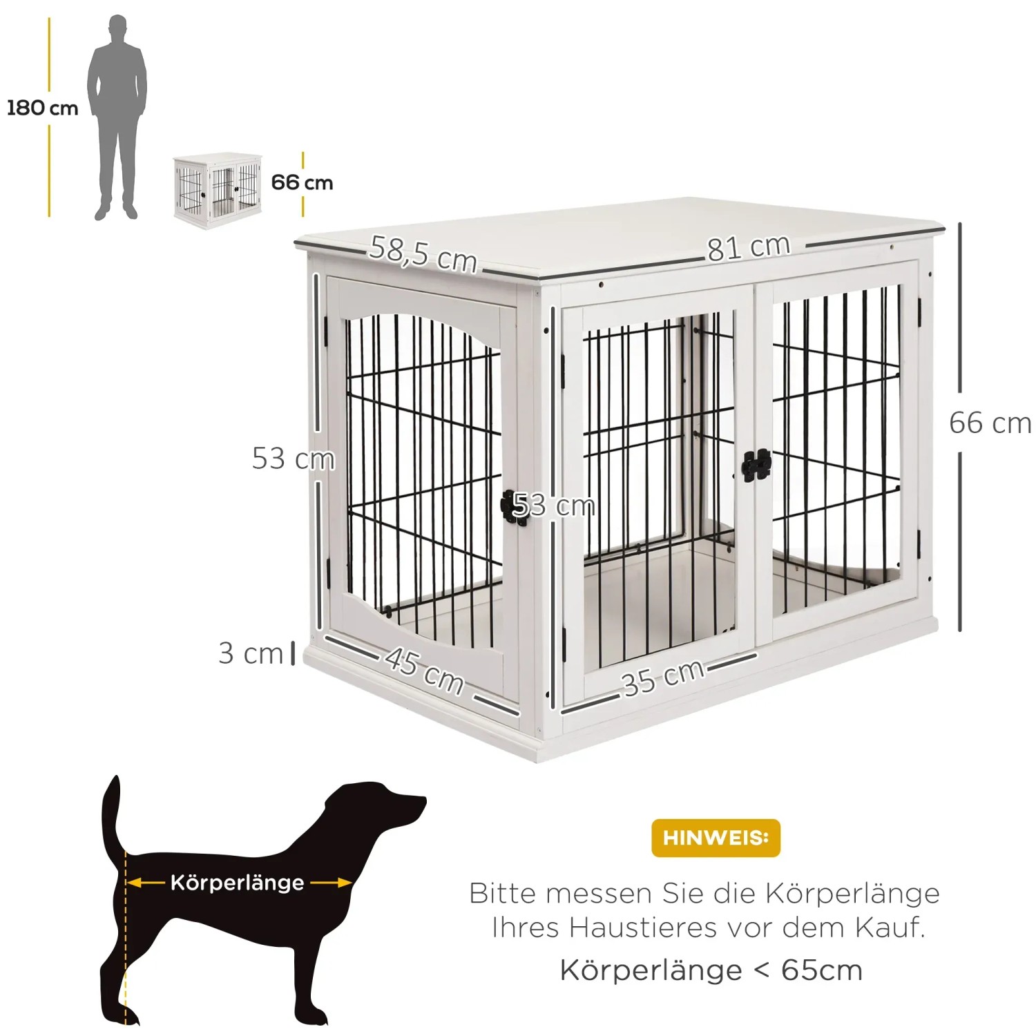 Weisse PawHut Hunde Transportbox mit 2 Türen aus Metall, 81x58,5x66cm.