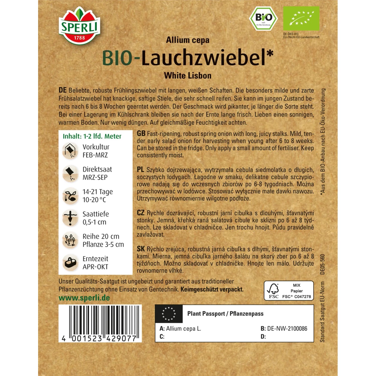 Samenpackung Sperli Bio Lauchzwiebel, Frühlingszwiebel für Beet und Garten.