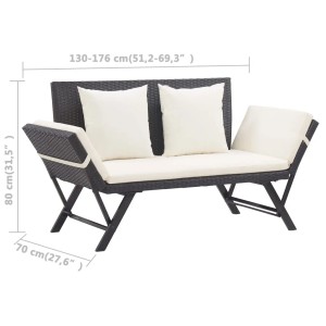 VidaXL Gartenbank, 176 cm, schwarzes Poly Rattan mit cremefarbenen Kissen.
